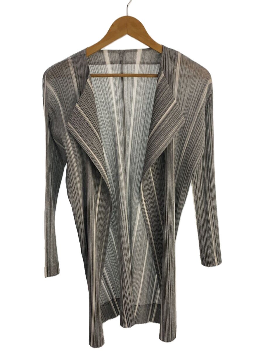 【中古】PLEATS PLEASE ISSEY MIYAKE◆ジレー(薄っぺら)/3/ポリエステル/GRY/縞模様/PP01-J0506【レディース御召しもの】