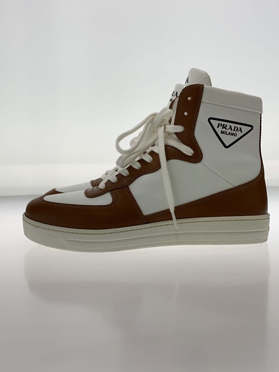 【中古】PRADA◆ハイカットスニーカーレザー/38/BRW/638/赤銅色×白いこと【シューズ】