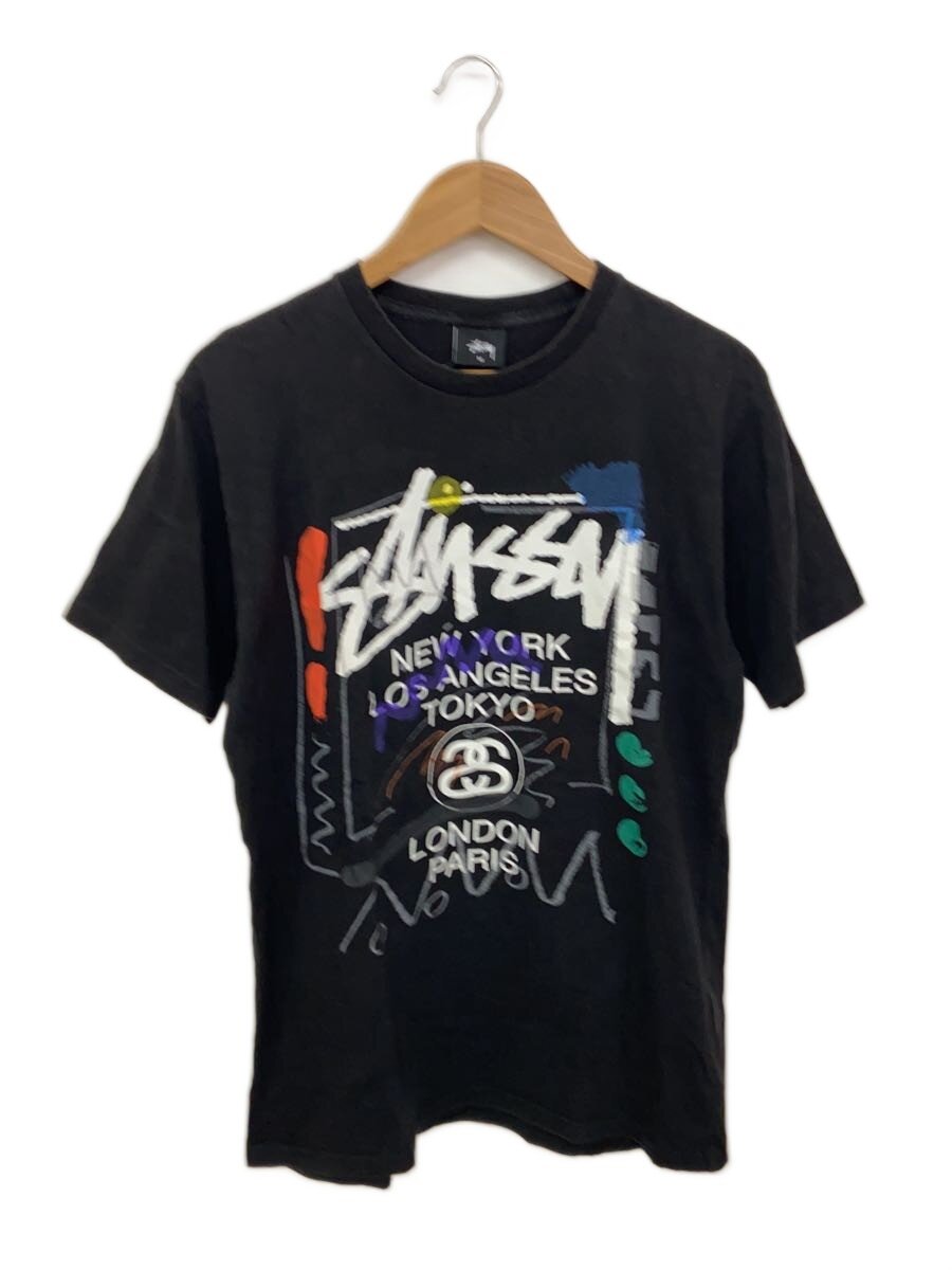 【中古】STUSSY◆WORLD TOUR TEE/プルオーバー/M/綿織物/BLK【メンズウェア】