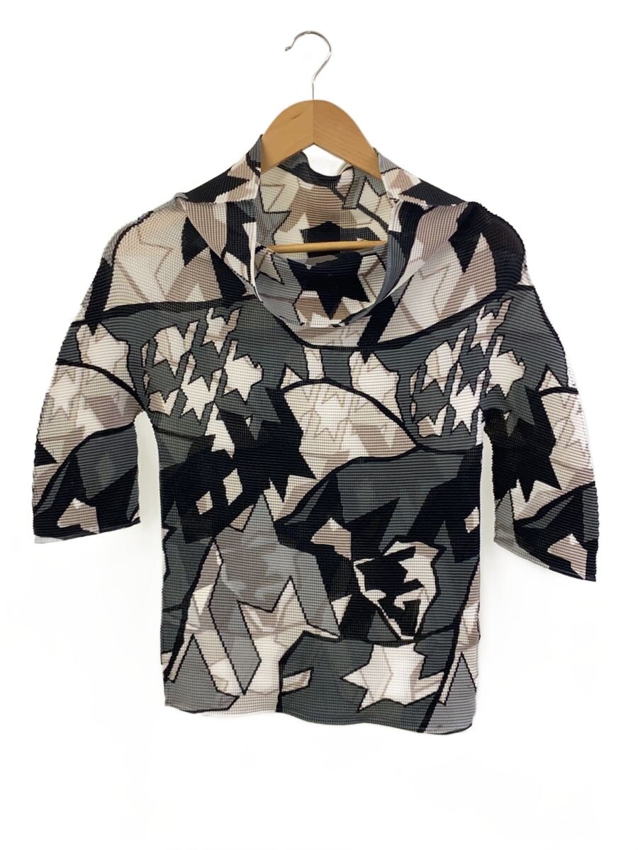【中古】me ISSEY MIYAKE◆幾何学学/ハイネック/半袖カットソー/--/ポリエステル/BLK/総柄/MI43FJ668【レディース御召しもの】