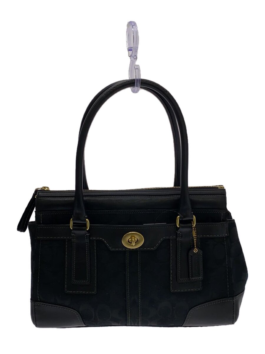 【中古】COACH◆ハンドバック_名書き/帆布/黒いこと/総柄【御徒面子】