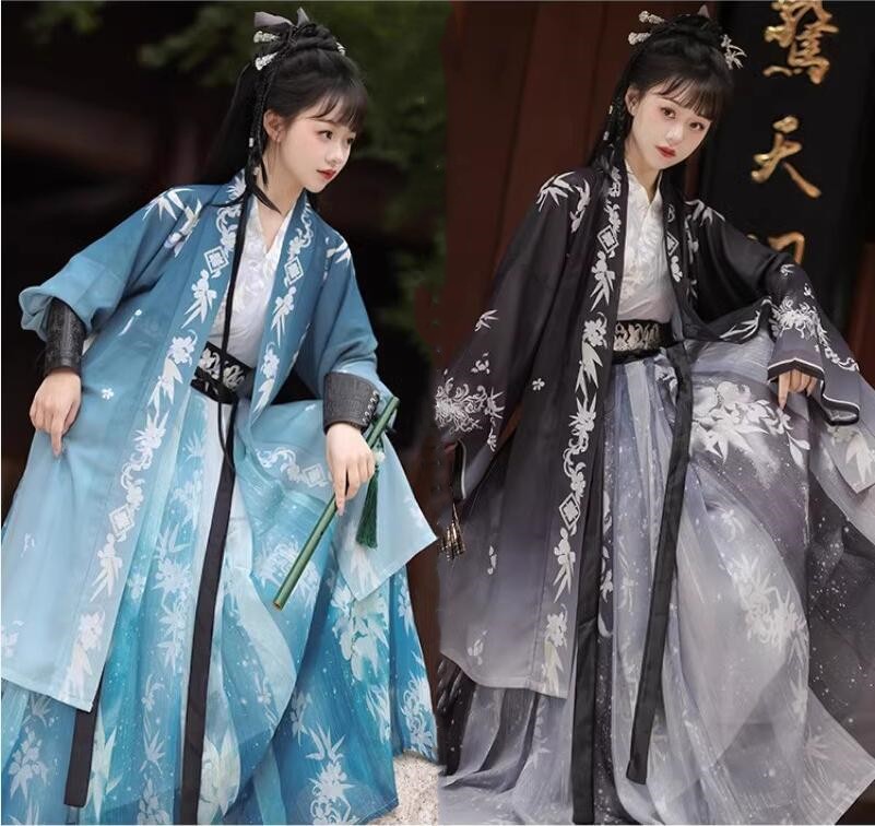 中華風チャイナドレス 漢服 チャイナ服 ブルー 黒系中国伝統古典唐装 レディース 中華コスプレ衣装 大人 学生イベント演出衣装 美しいプリント 二次元宮廷唐時代衣装 写真撮影衣装 華流ステージ衣装演出服 ハロウィンコスプレ衣装