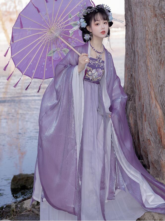 紫系中華風コスプレ漢服 チャイナ服中華ドレス刺しゅうプリント光沢二重羽織ワンピース2点セット華流舞台ステージ衣装 中国古代宮廷風コスチューム衣装 イベント学園際文化際中華コスプレ写真撮影古典美人服チャイナドレス中華風コスプレ衣装