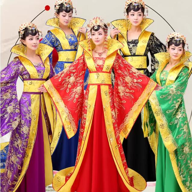 引き裾漢服唐装　5色　マキシ丈チャイナドレス　スパンコール刺繍中国古代宮廷衣装　皇后皇帝貴妃コスプレ仮装変装　中華服　華流ハロウィン舞台ステージ衣装　代役男性着用可　唐朝振袖漢服　送料無料