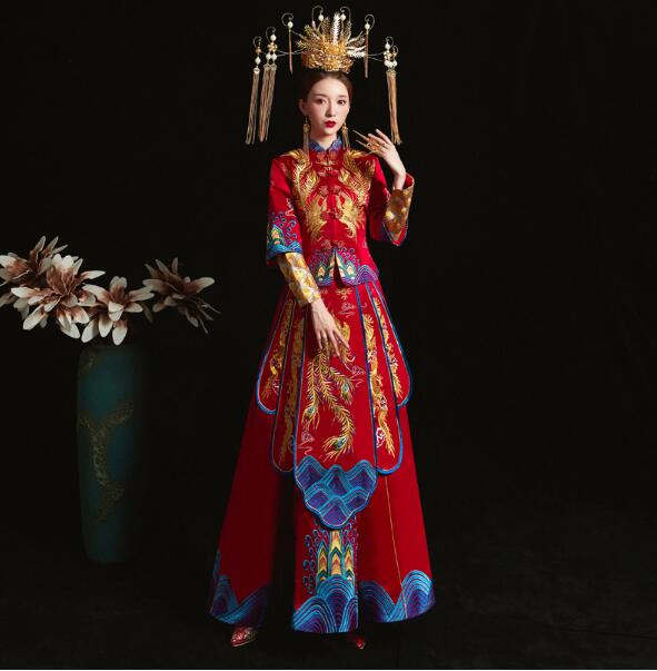 中華ウェディングドレス 中国名文瀬戸もの服 中華お召しもの上下二点セットアップ 赤 鳳刺繍 超晴れ晴れしい瀬戸もの風一こま演芸服 瀬戸ものお召しもの 花嫁御寮お召しもの 古代漢服唐装 レディースファッション-ドレス