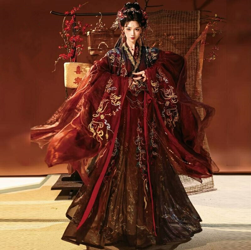 豪華漢服 5点セット レディース 赤系 漢服ドレス 中国古代 唐朝 中華コスプレ衣装 中華古代時代劇 お姫様 皇后 貴妃 仮装 変装 振袖羽織付き エスニック花柄 中華古典風 結婚式 花嫁 中華衣裳 華流 ハロウィンコスプレ衣装 S M L XL