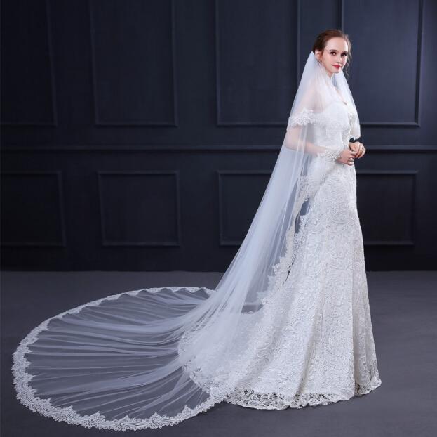 ウエディングロングベールレース二段トレーンベール白結婚式披露宴花嫁フォマールベール3*3m+60cm二重レース重花柄刺繍縁取りコーム付豪華ベール二点送料無料