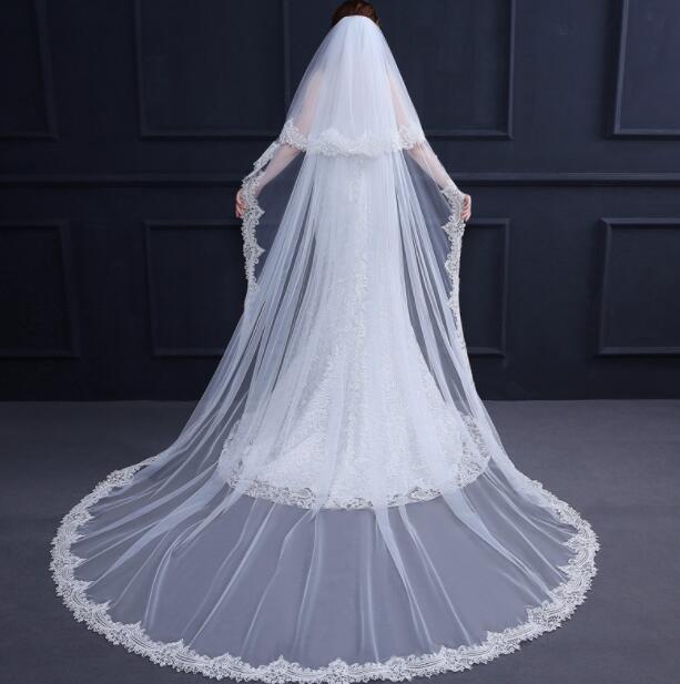 ウエディングロングベールレース二段トレーンベール白結婚式披露宴花嫁フォマールベール3*3m+60cm二重レース重花柄刺繍縁取りコーム付豪華ベール二点送料無料