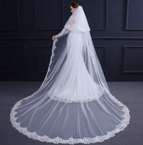 ウエディングロングベールレース二段トレーンベール白結婚式披露宴花嫁フォマールベール3*3m+60cm二重レース重花柄刺繍縁取りコーム付豪華ベール二点送料無料