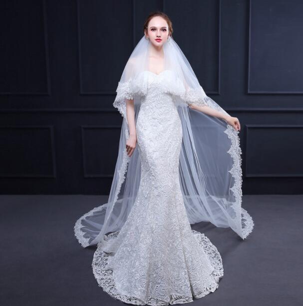 ウエディングロングベールレース二段トレーンベール白結婚式披露宴花嫁フォマールベール3*3m+60cm二重レース重花柄刺繍縁取りコーム付豪華ベール二点送料無料