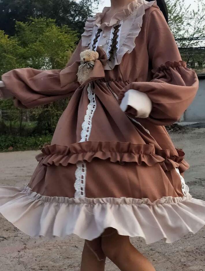 注目ショップ 長袖ロリータワンピースお姫様ドレスjskゴスロリ ロリータ服 lolitaスカラップ 裾フリル 蝶結び小熊付き可愛い萌え萌え  中学生高中生レディース メイド服 コスプレ 学園祭 イベント ハロウィン コスチューム 仮装 変装 珈琲水色2色 www.tacoya3.com