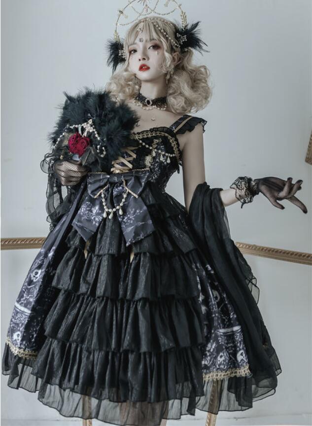 ロリータキャミソールワンピースjskドレス ゴスロリ＆ロリータ服 首飾り付 膝丈 お姫様ドレス LOLITA スカラップ 裾フリル  可愛い萌え萌え レディース 魔女メイド服 コスプレ 学園祭 イベント ハロウィン コスチューム  仮装 変装 黒白2色