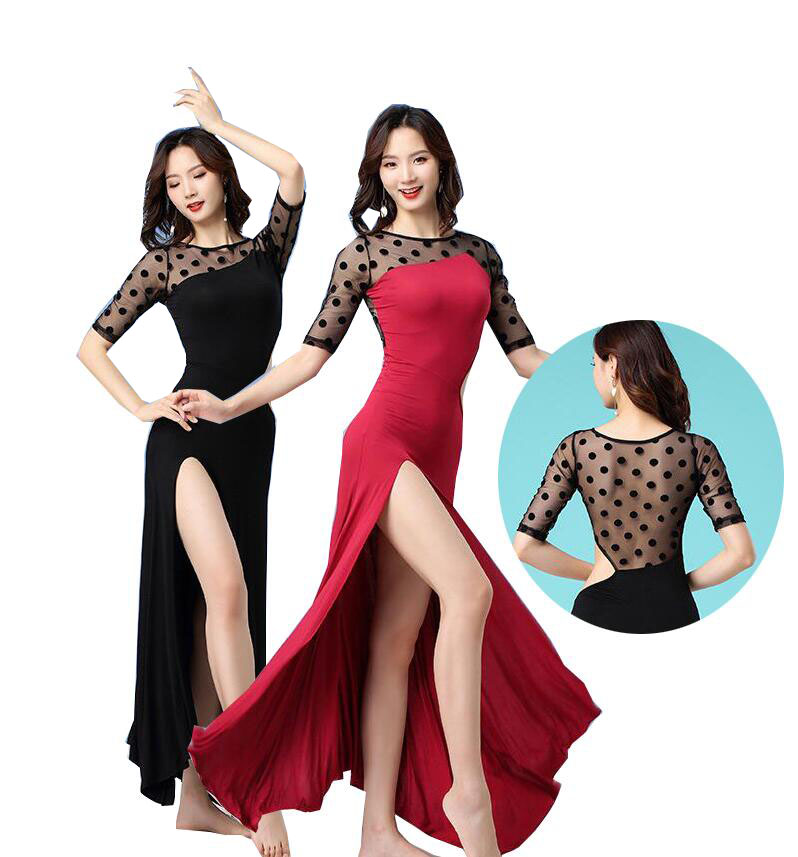 ラテンドレス ベリーダンス衣装 半袖ワンピース ロング丈 スリット入 ストレッチダンス練習着 レッスン着 水玉チュール セクシー系 オリエンタル チャチャドレス 古典ダンス フィットネス 楽天市場