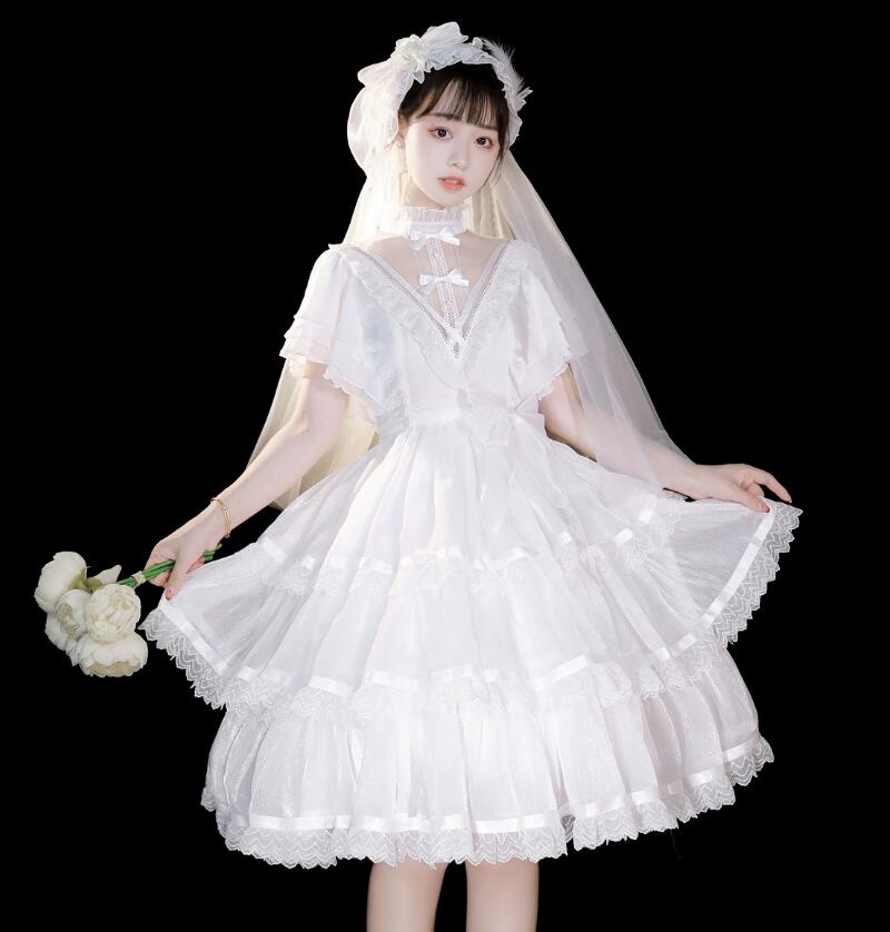 ワンピース ロリータ ドレス ゴシック ロリータ ワンピース ゴスロリ ドレス 可愛い 半袖 膝丈 ワンピース Lolita 裾フリル レース リボン お姫様ドレス 胸元セクシー 花嫁ドレス スカラップ 文化祭 イベント ハロウィン コスプレ衣装 仮装 変装 レディース 女子 白 黒