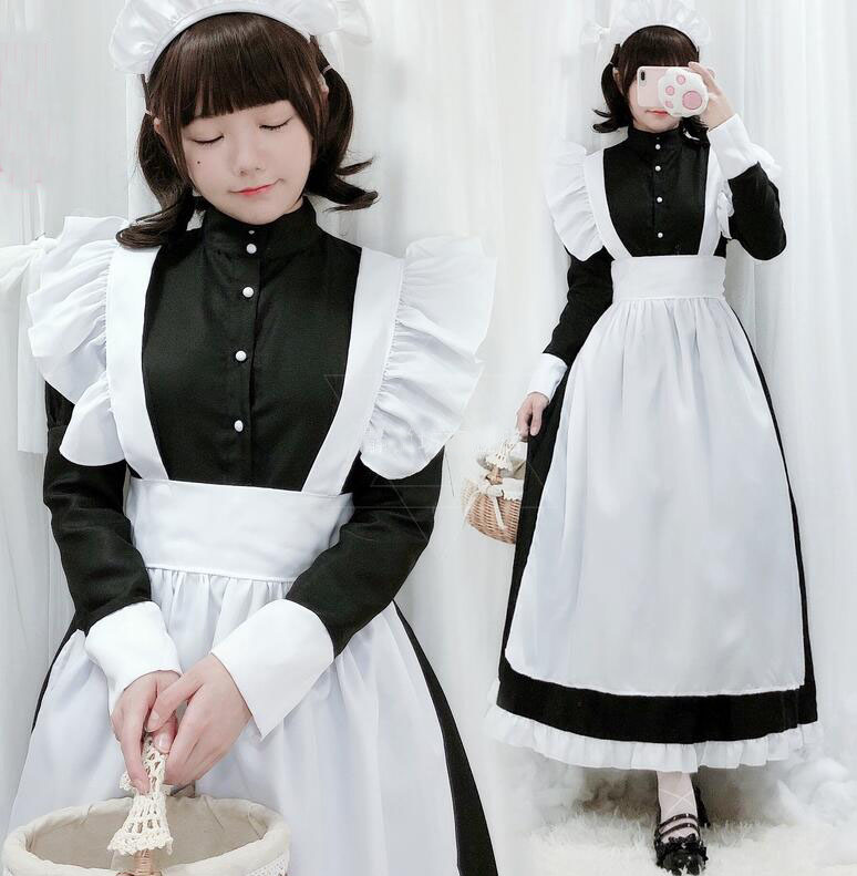 メイド服、M、リボンタイ付きミディアム丈クラシカルワンピースと白エプロンのセット メイド服 黒無地 クラシカルミディアム丈ワンピースとミディアム
