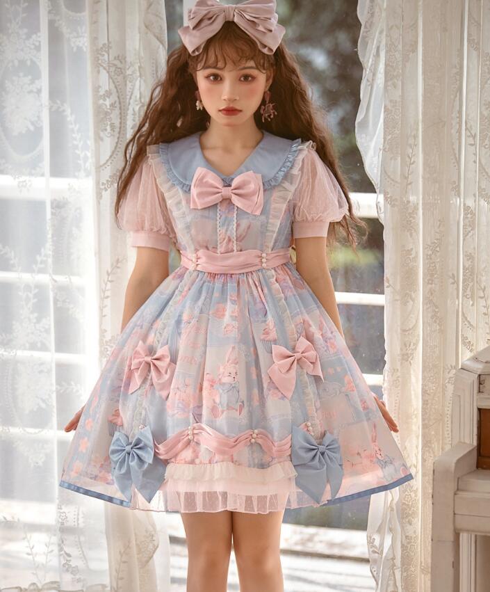 ロリータ ワンピース ゴスロリ ロリータドレス お姫様 可愛い ふわふわ 膝丈 半袖 長袖 ロリータ服 光沢感あり 裾フリル リボン 柄プリント ピーターパン カラー 甘ロリ ワンピース レディース 女子 学生 ハロウィン 仮装 コスプレ衣装 ピンク ブルー 送料無料 S M L