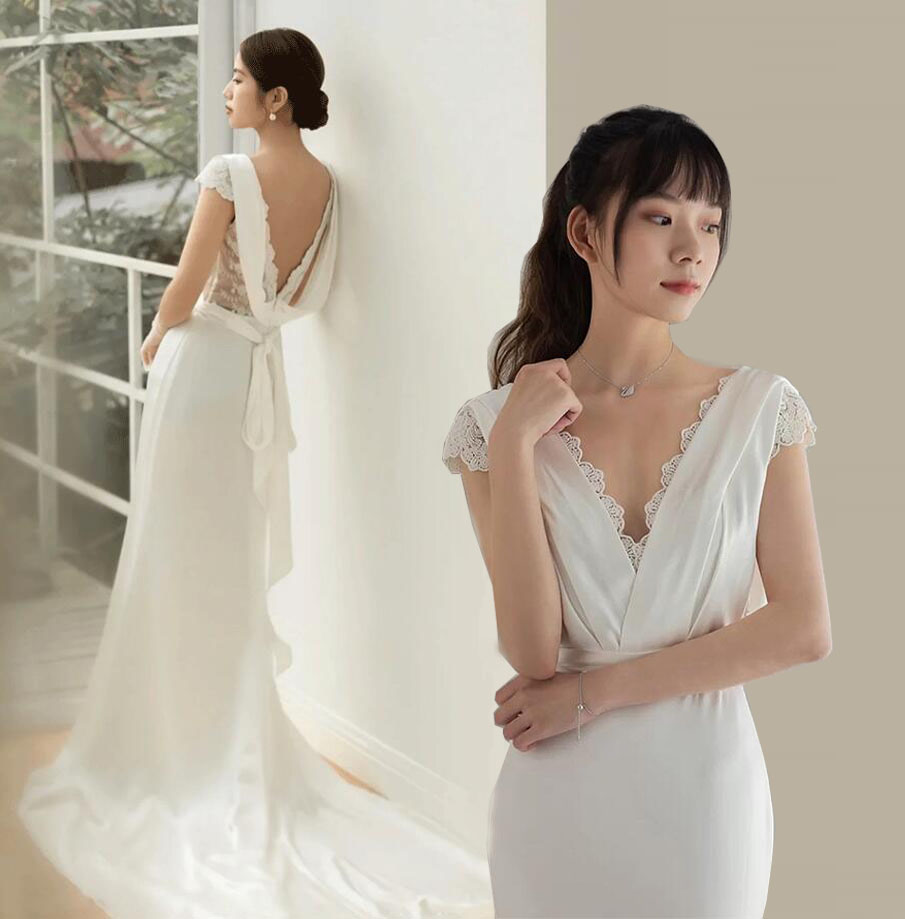 ウエディングドレス ロングトレーン ウェディングドレス フォマール ドレス Vネック 美シルエット 背中セクシー リボン エレガント サテン シンプル レース 森系 結婚式 披露宴 二次会 演奏会 新年会 パーティードレス 大人 XS~XL 白 送料無料|純の洋服屋さん