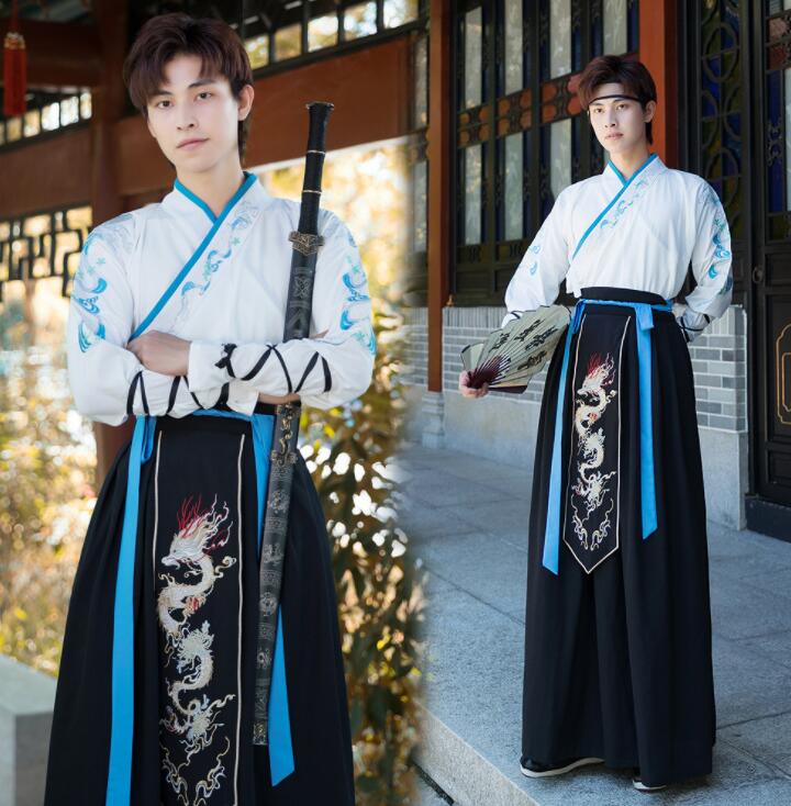 中華コスプレ衣装 メンズ 大人 漢服 唐装 中華服 チャイナドレス チャイナ服 長袖上下セット龍 刺しゅう おしゃれ 中国 古代 時代劇 侠客 コスチューム 変装 カンフー 武術 華流 舞台 ステージ 撮影 ダンス 衣装 ハロウィン クリスマス 新年 余興 白 黒 3xl