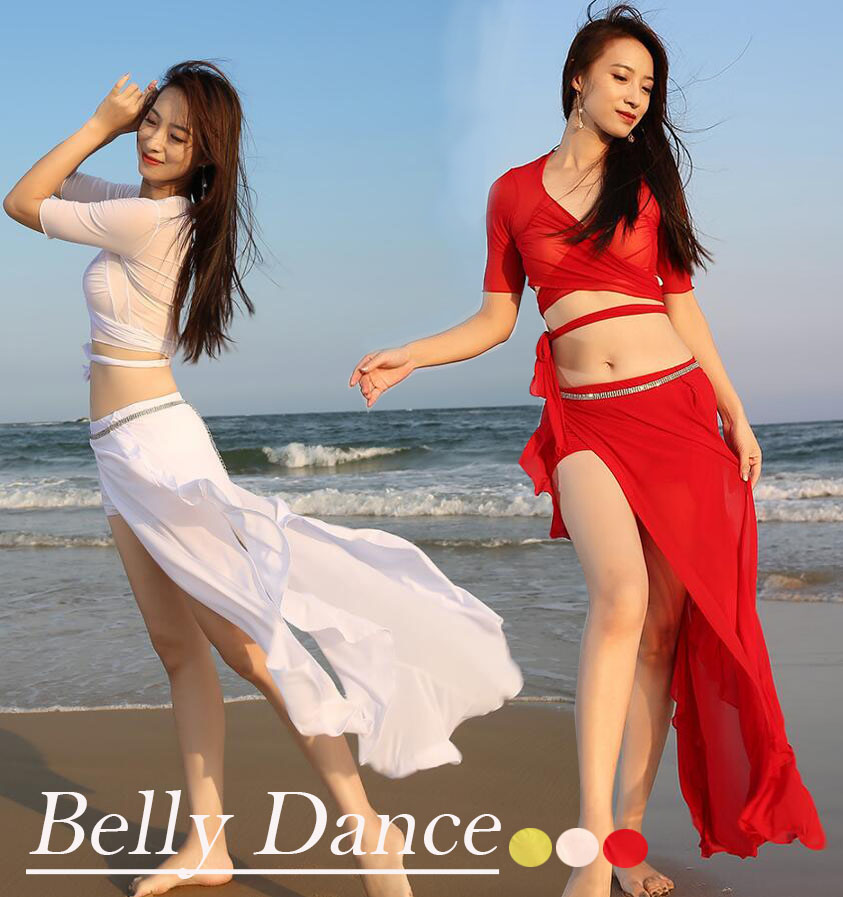 ベリーダンス 衣装 セットアップ レディース セクシー系 Belly dance 社交ダンス 衣装セット インナーパンツ付き 五分袖 前開Vネック  リボン結び ミドリフトップス サイドスリット ロングスカート フリル裾 飄逸 シースルー ダンス練習着 レッスン着 無地 白 赤 緑S M L ...