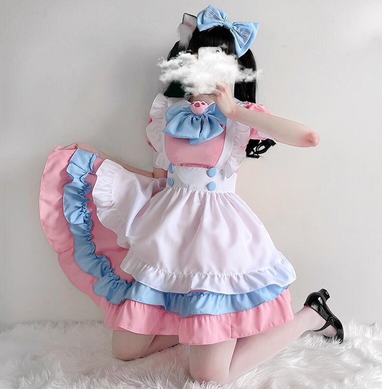 楽天市場 メイド服 ハロウィン コスプレ衣装4点セット 半袖ワンピースウェイトレス 裾フリル リボン 猫爪 カチューシャ 可愛いメイド服 コスプレ 変装 仮装 ロリータ ドレス レディース 大人 学生 ピンク ブルー 純の洋服屋さん