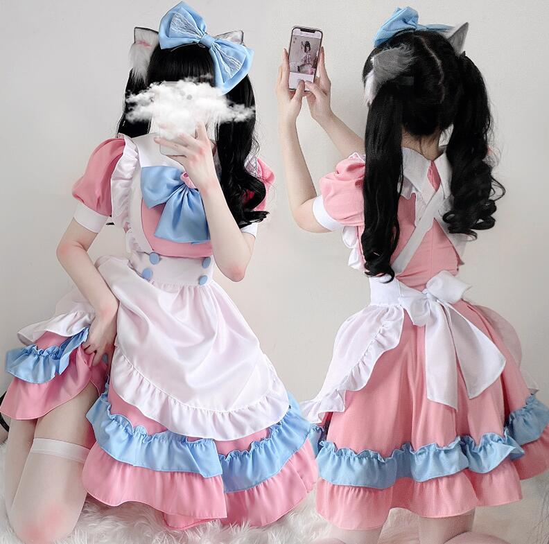 楽天市場 メイド服 ハロウィン コスプレ衣装4点セット 半袖ワンピースウェイトレス 裾フリル リボン 猫爪 カチューシャ 可愛いメイド服 コスプレ 変装 仮装 ロリータ ドレス レディース 大人 学生 ピンク ブルー 純の洋服屋さん