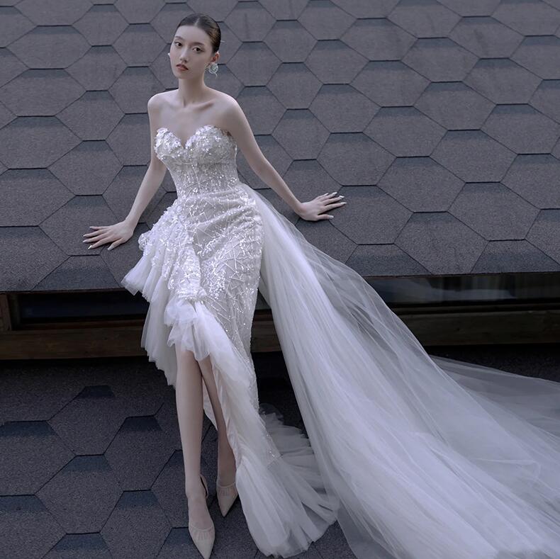 楽天市場】花嫁 ウェディングドレス 冬 白ドレス フィッシュテール 花