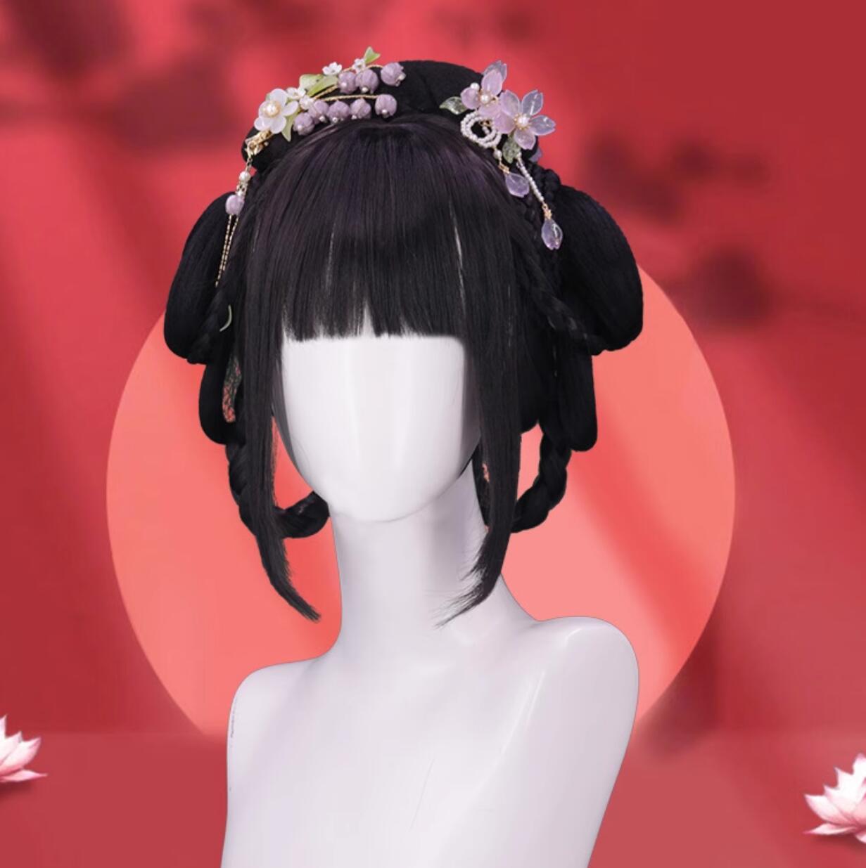 中華コスプレウイッグ 華流 ハロウィン 仮装 変装 道具 女性 大人 中国古代ヘアスタイル 中華 舞台 ステージ グッズ 華流古代古典髷 全頭かつら フルウイッグ  漢服 チャイナ服用 漢唐古典 お姫様 かつら 黒 髪飾りなし