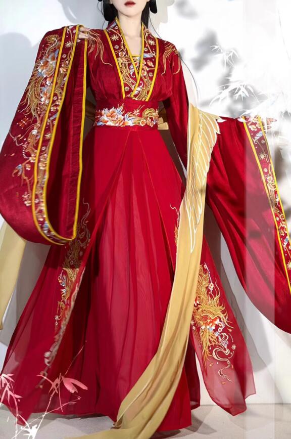 漢服 華やか 中国古代服装 漢唐 古典 古代 結婚式 花嫁 中華衣裳 金色刺繍 龍 花 ゴージャス 刺しゅう 振り袖 インナー有り ロングストール（ショール）巻きスカート 4点セット チャイナ服 宮廷 皇后 貴妃 仮装 変装 レディース 華流 コスプレ衣装 レッド S M L XL