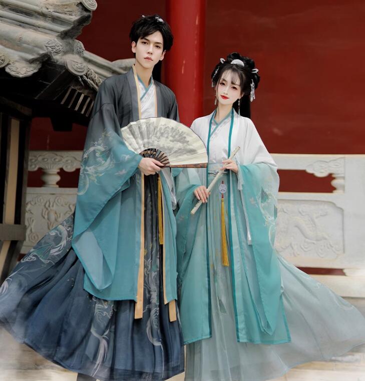 チャイナ服 上下3点セット メンズ レディース 大人 ペアルック グラデーション 白緑 黒緑 漢服＆唐装 華流コスプレ衣装 中国古代服装 ハロウィン衣装 振袖羽織付き 交差襟 山水 龍 プリント 中華 舞台 ステージ衣装 ハロウィン 中国古代時代劇コスチューム 龍