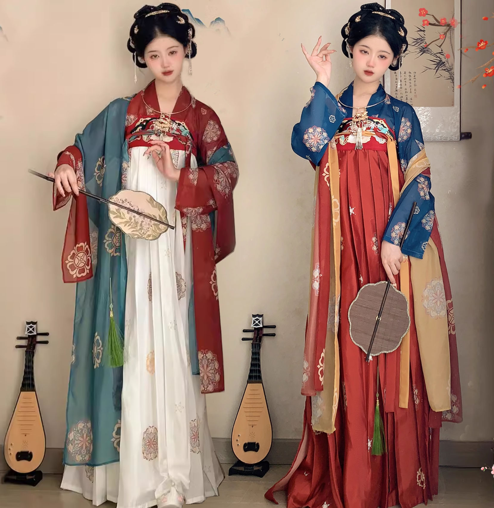 【楽天市場】中国古代服装 レディース 唐朝 漢服 チャイナ服 ストール付き3点セット 春夏向け 長袖ブラウス ロングスカート エスニック 花柄