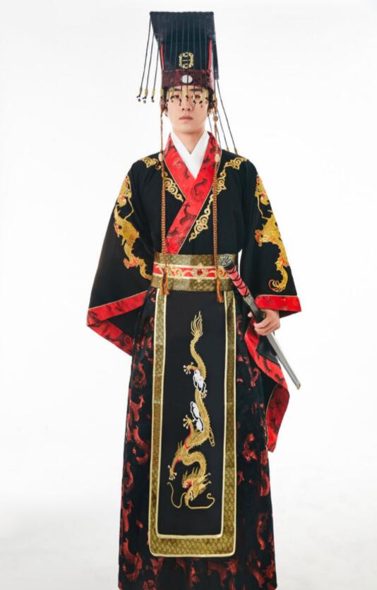 中華コスプレ衣装 大人 メンズ 中国古代服装 皇帝 黄袍 仮装 変装 王冠 宝冠 ハロウィン衣装 男性 おしゃれ 黒に金の刺しゅう プリント 龍 豪華 漢服 中華衣裳 華流 中国古代時代劇 皇帝 コスチューム 暗黒系 振袖羽織付き チャイナ服 かっこいい 演劇 舞台衣裳