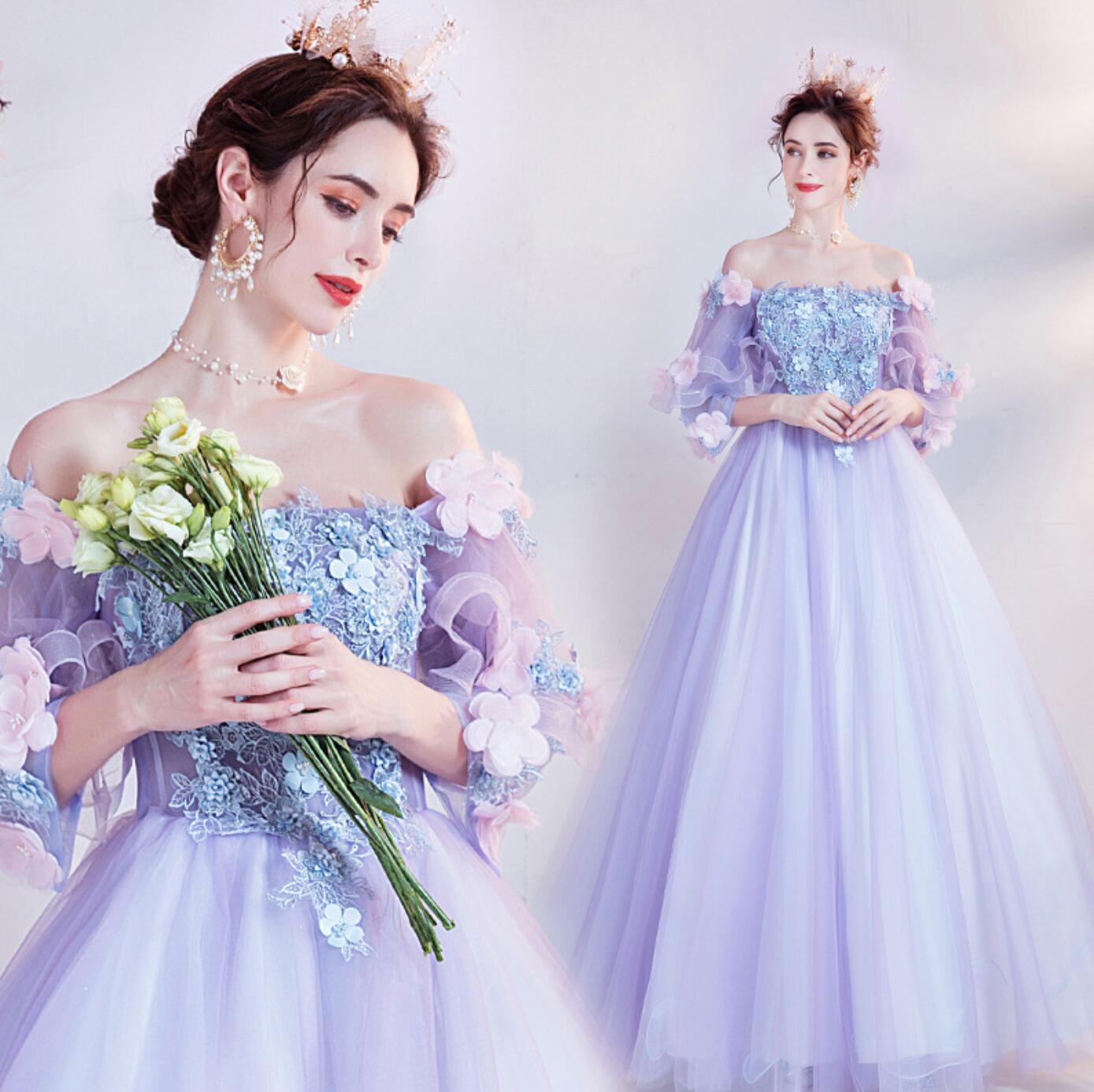 ドレス ミニ Aライン 花柄 スクエアネック 紫 パーティー 結婚式 花柄Aラインドレス/山崎みどり - カラードレス