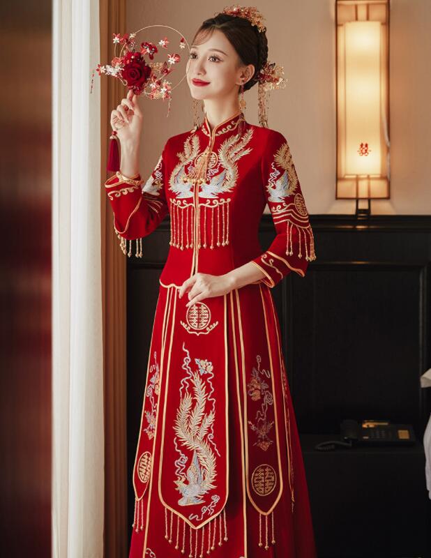 中華服 花嫁 中華衣裳 上下2点セット 七分袖 チャイナ服トップス ロング丈スカート 鳳凰 刺しゅう きらきら ストラップ チェーン付き 華やか 中華ドレス レディース 中国古代古典結婚式 花嫁衣裳 華流 コスプレ衣裳 ワインレッド S~6XL|純の洋服屋さん