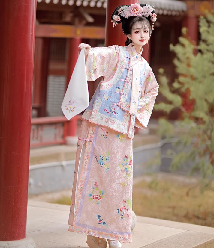 中華コスプレ衣装 レディース 大人 中国古代服装 清朝 貴妃 お姫様 全身コスチューム チャイナドレス 4点セット ピンク＋ブルー スカーフ ハンカチ付き 花柄 ロング丈 チャイナドレス かつらの髪飾り追加可 中華 華流 時代劇 コスプレ 変装 仮装
