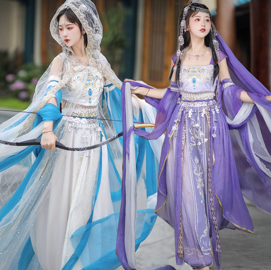 中華アラビアン 全身コスチューム 大人 レディース 中国古代服装 改良チャイナ服 漢服 中華古典 敦煌 飛天舞踊 西域 アラジン ダンス衣装 コスプレ衣装 チャイナ風 仙女 お姫様 神様 コスプレ ひらひら 姫袖 ロングベール ストール付き フード付きのキラキラのマント追加可