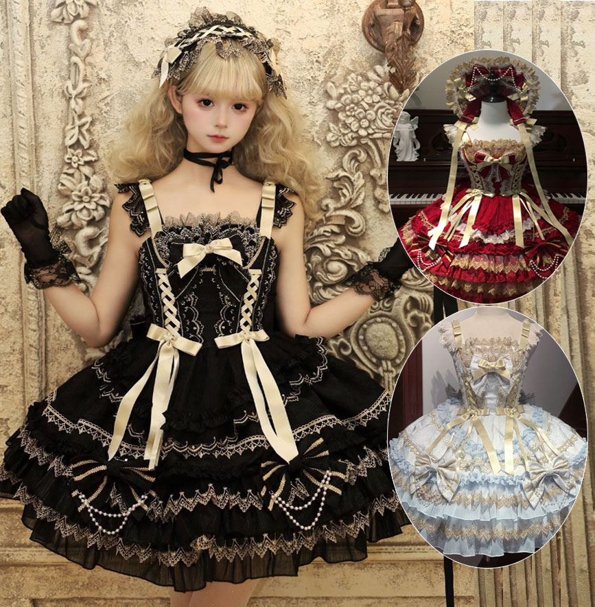 ジャンパースカート 大人 お姫様 ゴスロリ＆ロリータ ドレス 膝丈 ミドル丈 ロリータ ドレス Ａライン ふわふわ ティアードスカート 金色の刺繍 裾レース プリンセス ロリータ 洋装 華やか ロリータ ワンピース コスチューム 黒 白 ピンク 赤 青 ボンネット帽子追加可｜純の洋服屋さん