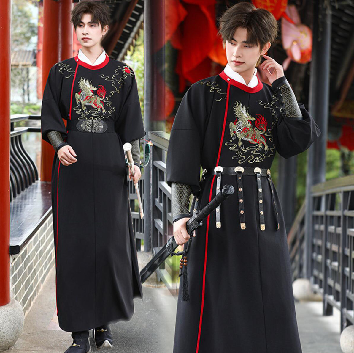 チャイナ服 大人 中国古代服装 明朝 黒 長袖 ロング丈ブラウス 一枚式 丸襟 丸首 ロング ローブ キリン 麒麟刺繍 おしゃれ メンズ レディース 中華古典古代 時代劇 コスチューム 華流 ハロウィン コスプレ衣装 ベルト付き 袖カバー追加可能 ブラック S M L XL 2XL 3XL 4XL
