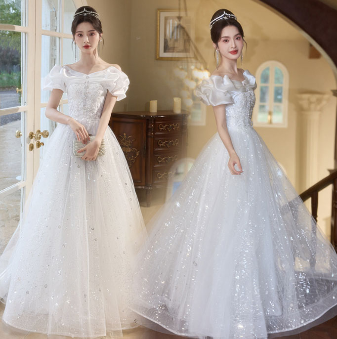 楽天市場】シンプルロングウエディングドレス 白 無地 森系花嫁ドレス