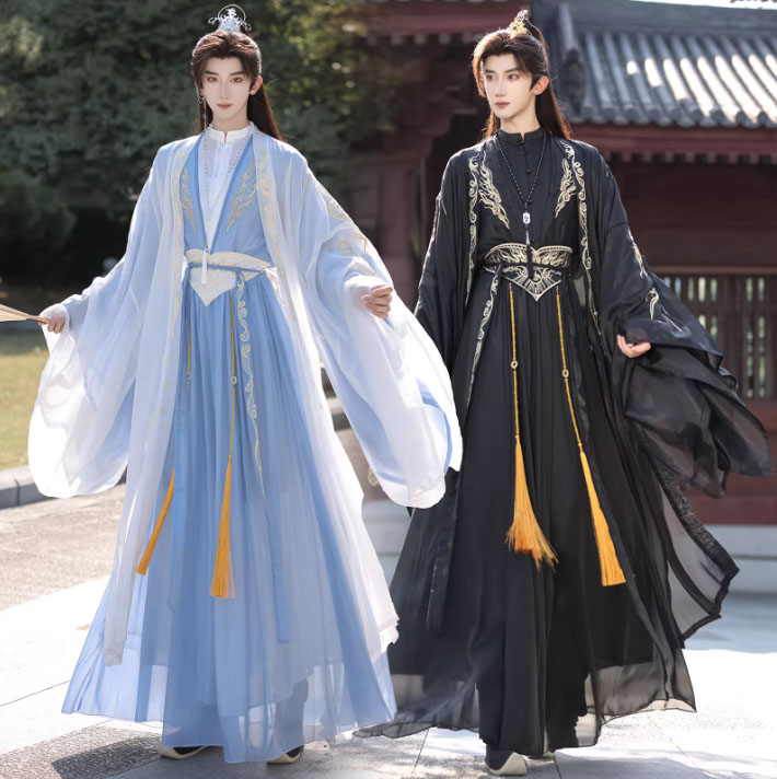 大人 華やか チャイナ服 中国古代コスプレ衣装 メンズ レディース 男女兼用 振袖 広袖羽織付き ネックレスとベルトチェーン付き 豪華5点セット 金色の刺繍 おしゃれ 中国古代時代劇 コスチューム 侠客 仙侠 古代ドラマ コスプレ衣装 ブルー ブラック S M L XL 2XL｜純の洋服屋さん