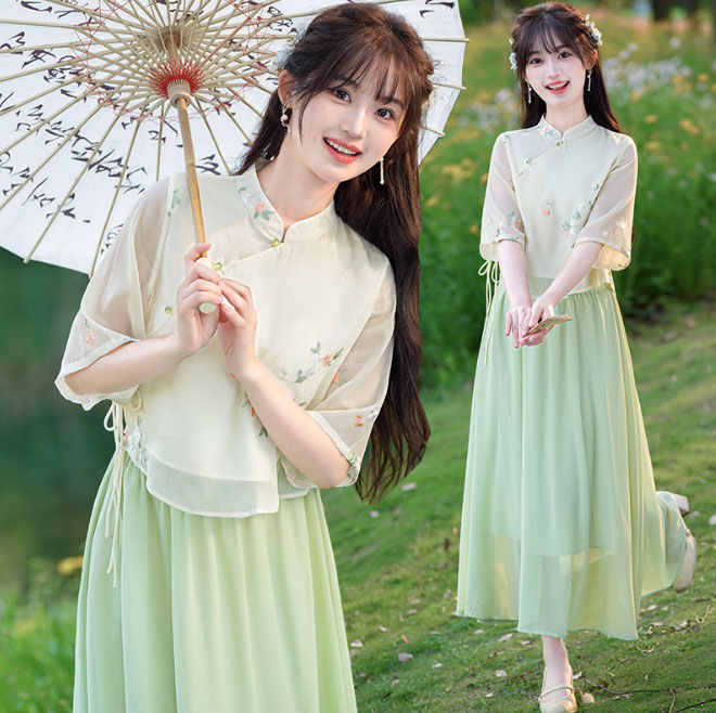チャイナ服 上下2点セット レディース 春夏向け 五分袖 チャイナブラウス＋ロングスカート 可愛い花柄 ショート丈 チャイナトップス シフォン ミモレ丈 スカート 改良 チャイナドレス エスニック 中華服 二胡 古筝 チャイナ古典演奏 吹奏 衣装 中華コスプレ グリーン系