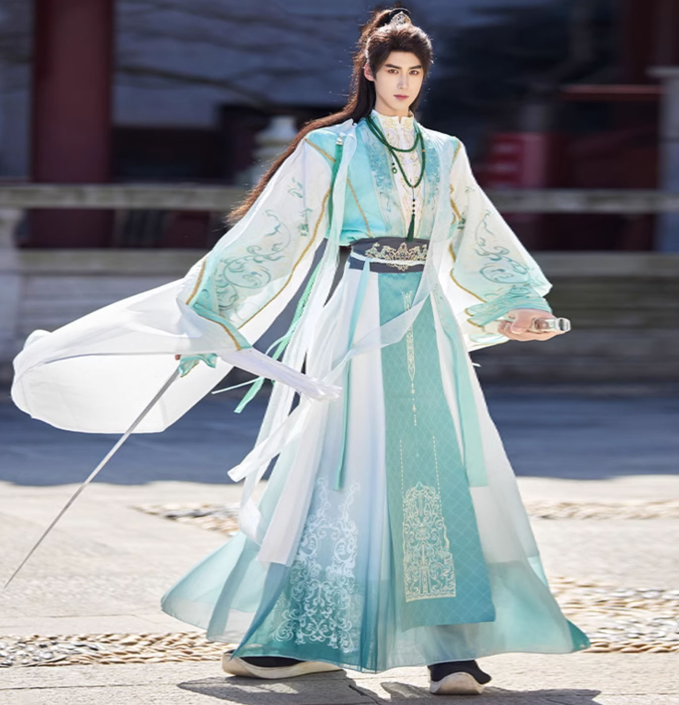華やか 中華コスプレ 衣装 4点セット メンズ レディース 男女兼用 中華古代時代劇 王子様 神様 仮装 変装  おしゃれ 白緑 黒赤 中国古代 中華ファンタジー 仙侠 武侠 侠客風 漢服 チャイナ服 エスニック プリント 振袖 広袖 リボン 飄逸 華流 ハロウィン 衣装 S M L XL 2XL