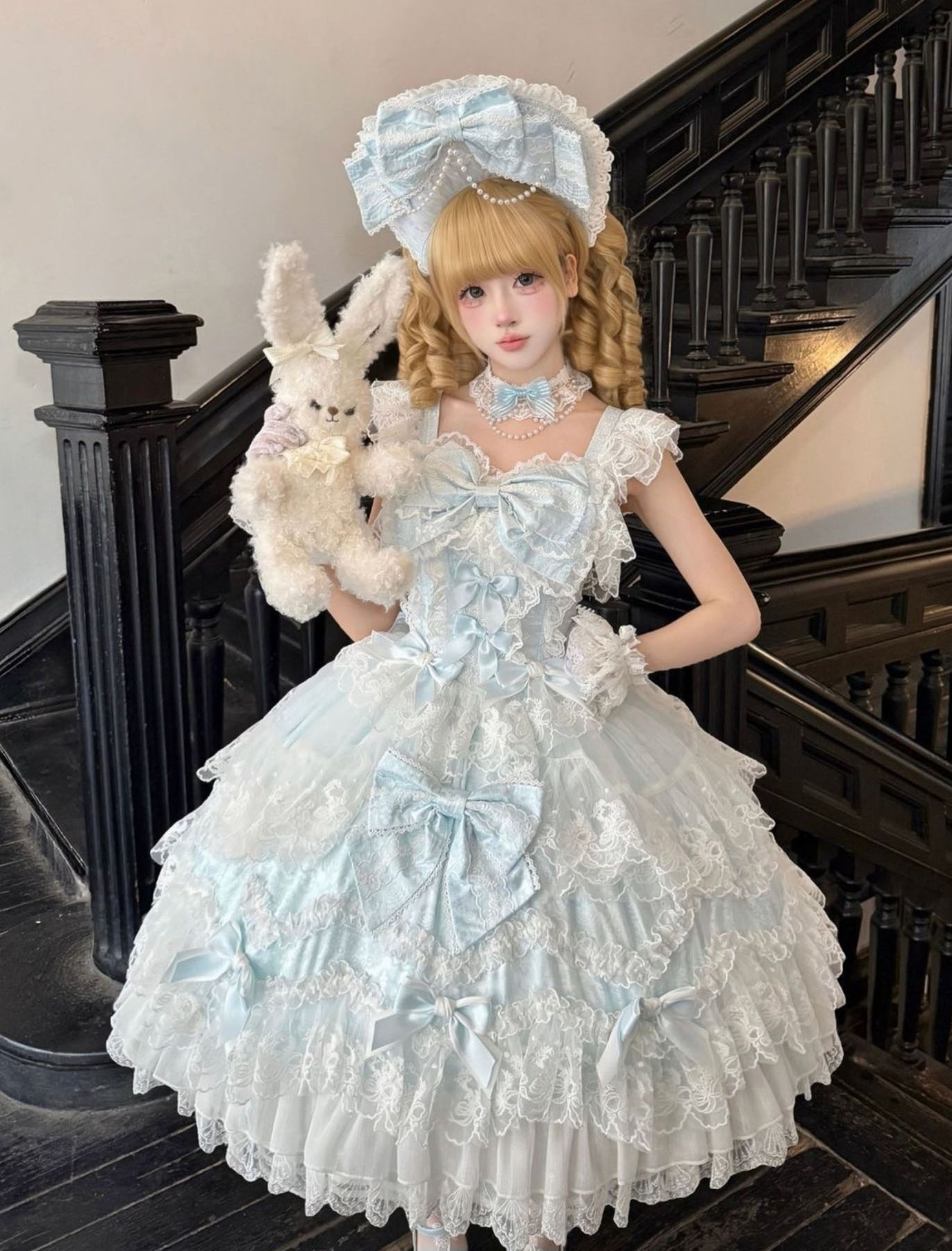 ミドル丈 Ａライン ロリータ ドレス レディース 大人 ゴスロリ＆ロリータ服 ジャンパースカート 膝丈 レース フリル 蝶リボン ふわふわ 可愛い lolita お姫様 花嫁 ロリータ ドレス ロリータ 洋装 コスチューム ピンク ブルー バックリボン 帽子 ネックレス パニエ追加可｜純の洋服屋さん