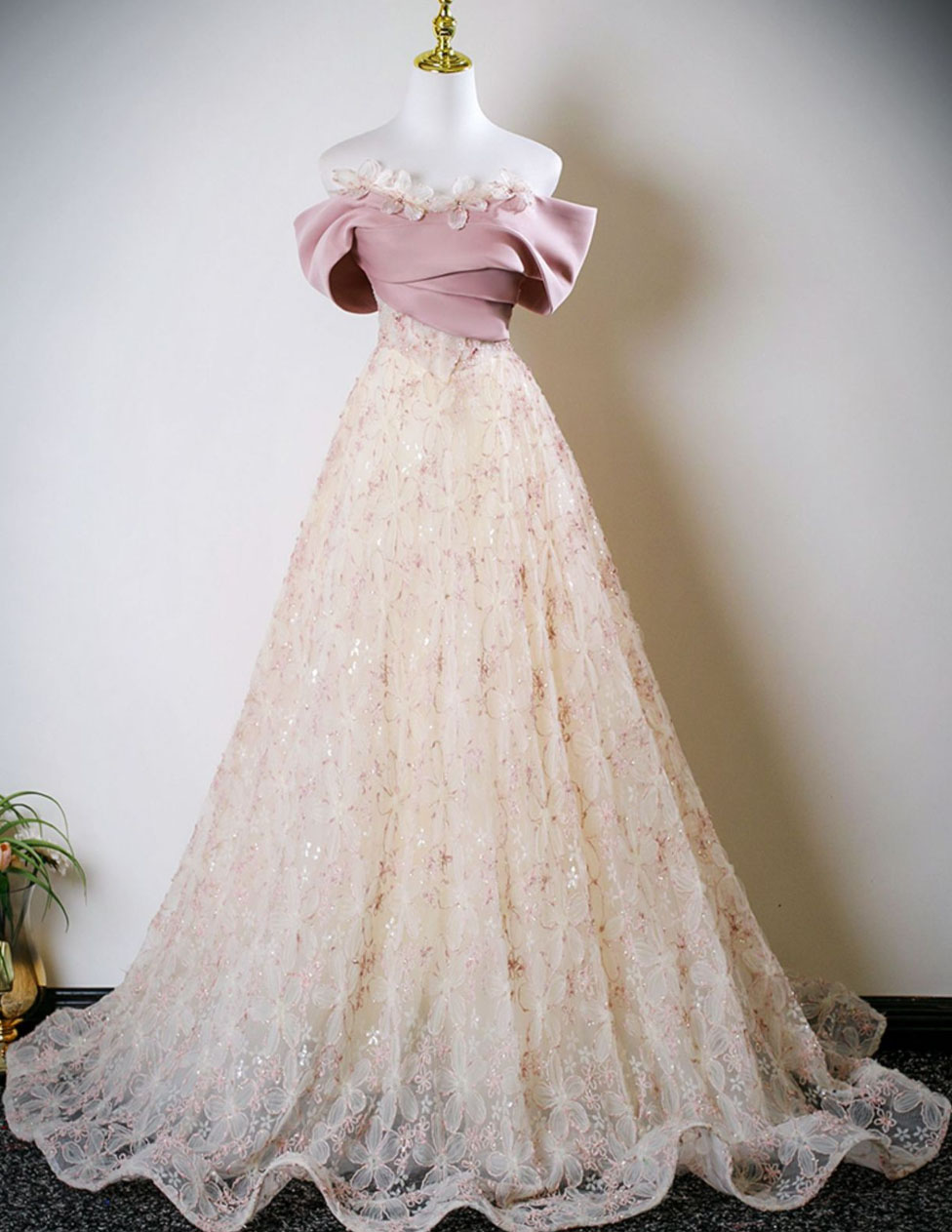 パーティードレス ピンク＋ベージュ オフショルダーラップ 花モチーフ 花刺繍 エレガント スパンコール ビーズ キラキラ Aライン ロング丈 マキシ丈 ドレス 結婚式 二次会 宴会 パーティー 発表会 演奏会 ドレス 成人式 お誕生日 ドレス お姫様 XS S M L XL 2XL 3XL｜純の洋服屋さん