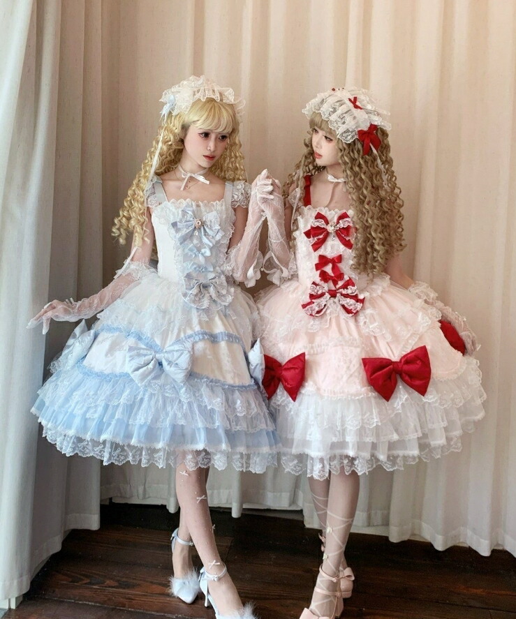 ロリータ 御召しもの 真っただ中丈 ミモレ丈 前掛けスコート レディース ゴスロリ＆ロリータ 衣裳 姫様 大層らしいシュロの葉 スピード競技 フラウンス ふわふわ 音の大きさ 甘ロリー ロリータ流行り物 洋装 パニエ 髪飾りつけ うしろ側シュロの葉 加えること可 さくら色 青碧 白 S M L