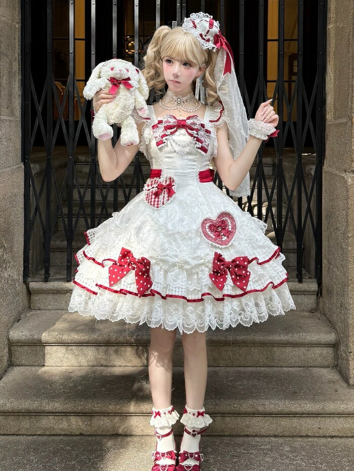 ロリータ 御召しもの 真っただ中丈 前掛けスコート ゴスロリ＆ロリータ服 遊撃手丈 ふわふわ A伝達ルート ティアード スコート 白に赤シュロの葉 ハート形の当て布 スピード競技 フラウンス 妃殿下 好いたらしい キュート ロリータ 衣裳 洋装 ロリータ流行り物 Lolita Dress S M L