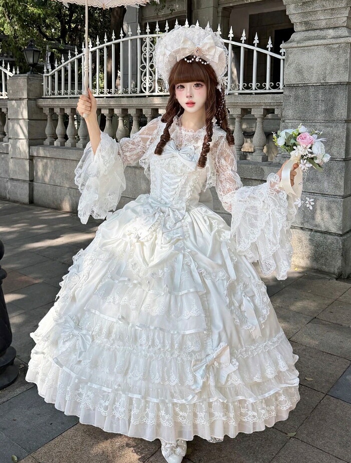 ロング丈 ロリータ お召しもの 成年者 ミモレ丈 ゴスロリ＆ロリータ お召しもの 前掛けスコート サクラ色 白 お嫁さんお召しもの 色つやお召しもの Lolita 甘ロリー ロリータ流行り物 洋装 婚礼の儀 交歓会 ウェディングドレス 好いたらしい A伝達ルート 御姫様 スピード競技フラウンス 蝶シュロの葉 S M L
