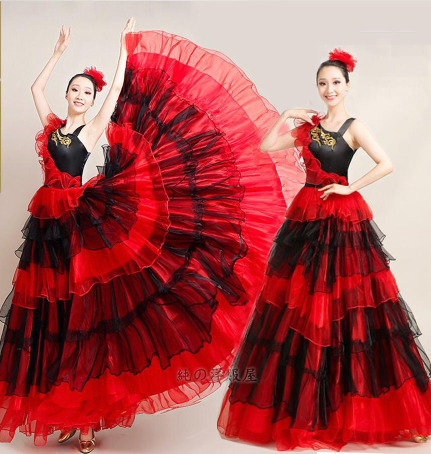 社交ダンスラテンドレス黒に赤フリル可愛い - ダンス