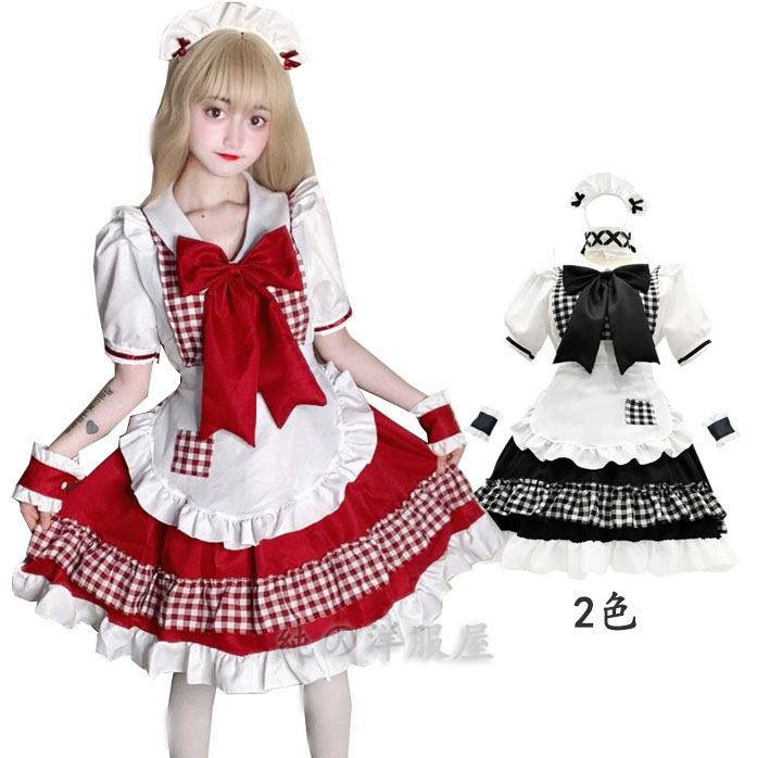 ロリータメイド服 赤と黒のチェック柄 楽天市場】メイド服 7点セット ハロウィン コスプレ衣装 膝丈 ショート