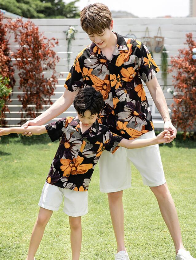 親子ペアルック 夏 黒地に大きい花柄 ショートパンツセット キッズ 半袖アロハシャツ レディース メンズ セット服 男性用 家族お揃い 夏ウェア