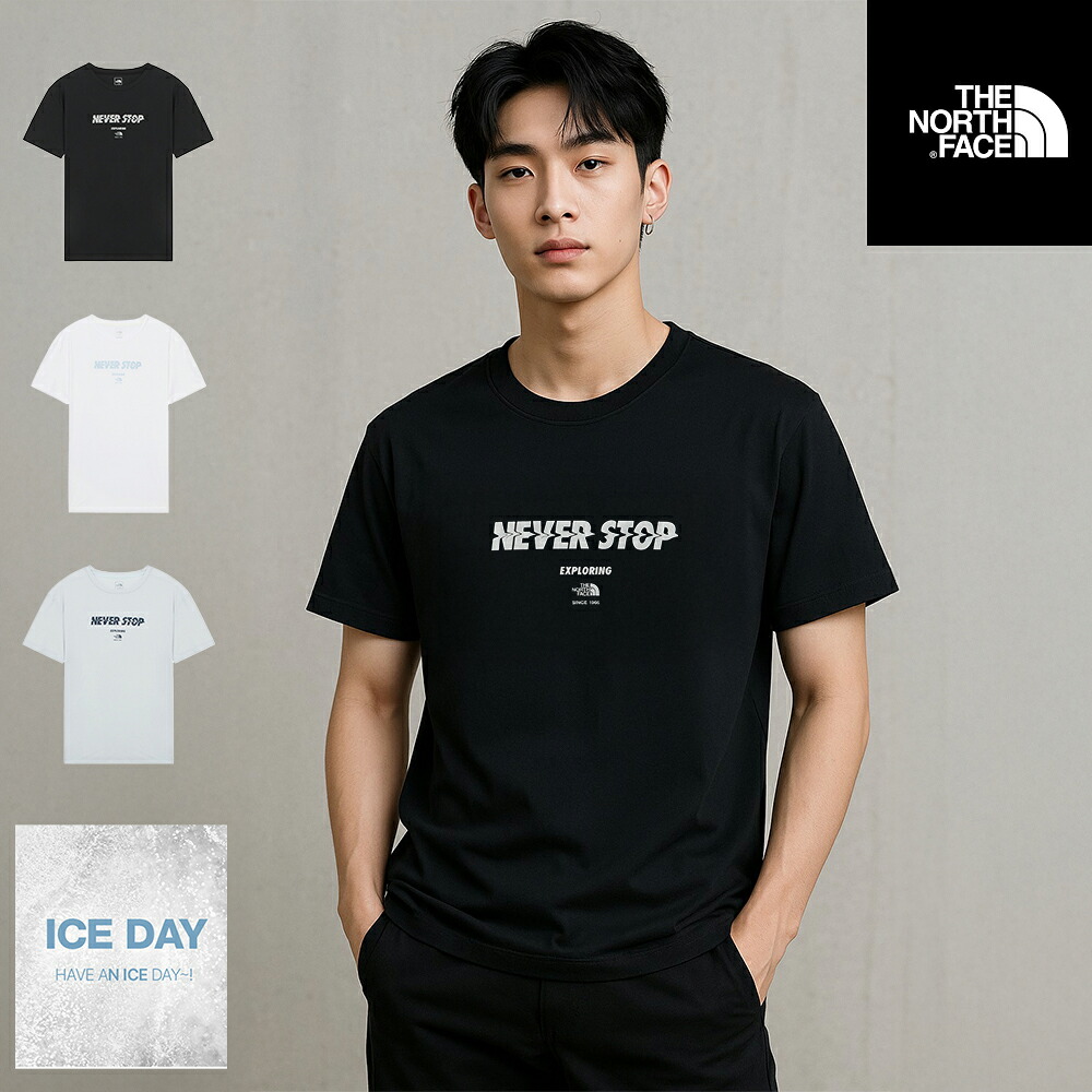 【2025春夏新作・海外限定モデル】 THE NORTH FACE Tシャツ メンズ レディース 半袖 接触冷感 NEVER STOP EXPLORING ロゴ プリント クルーネック 吸汗速乾 UVカット ユニセックス アウトドア スポーツ カジュアル ブラック ホワイト ライトブルー